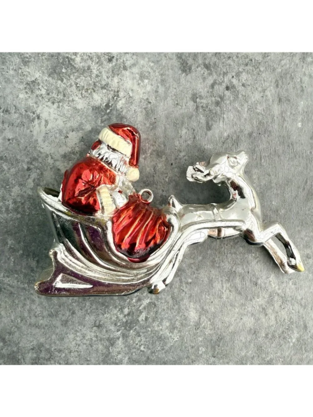 Vintage IRWIN Hard Plastic Metallic Santa Claus Reindeer Sleigh Ornament